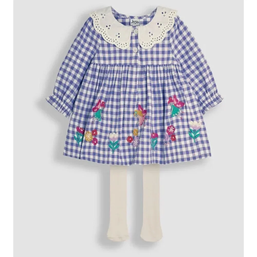 JoJo Maman Bebe Lilac Purple Fairy Applique Gingham Baby Dress & Tights Set